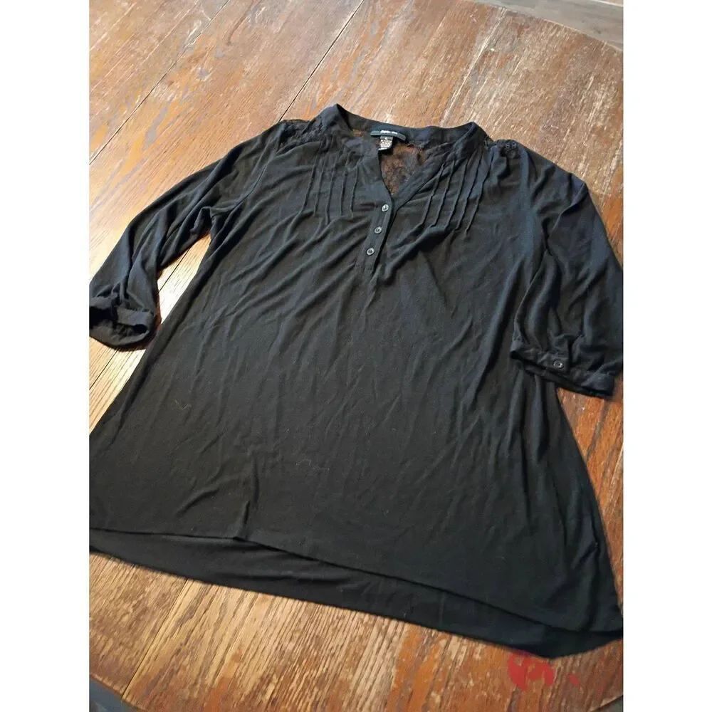 XL Style &Co Black 3 Button Pullover Lace Back VNeck Shirt Top 3/4 Sleeve Blouse